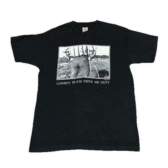 VTG 90s Cowboy Butts Drive Me Nuts T-Shirt Men’s Large Black Single Stitch - Picture 1 of 7